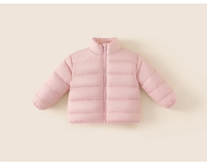 Close-up of pink kids' puffer jacket detail featuring zipper and elastic cuffs
