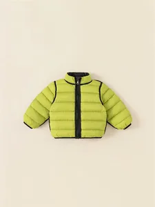 Lightweight green children's down jacket with black trim and horizontal quilting
