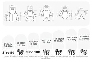 Detailed size chart for kids' polka dot suit showing measurements from 80 to 140 cm