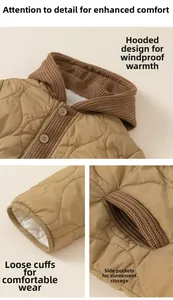 Detail of khaki quilted toddler jacket with plush lining and hooded windproof design