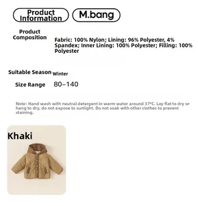 Detailed size chart and fabric specifications for children quilted hooded winter jacket