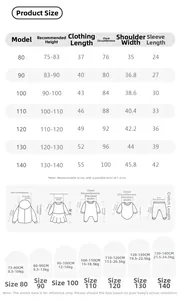 Detailed size chart for kids winter padded jacket showing measurements for sizes 80 to 140