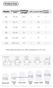 Tableau des tailles détaillé pour cape bébé en polaire avec mesures pour tailles 66 à 110 cm