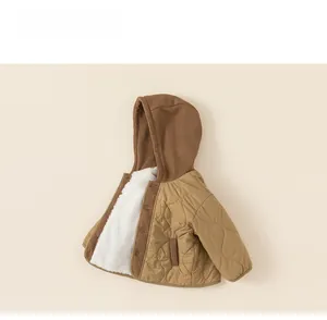 Detail of children's khaki quilted jacket with cozy sherpa lining and knitted hood