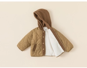 Detailed view of kids hooded quilted jacket with warm fleece lining and button closure