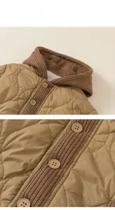 Detail of brown quilted hooded jacket featuring plush lining and rib-knit trim buttons