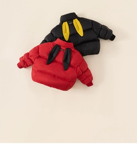 Detail view of puffer jacket with plush rabbit ears on the back and ribbed cuffs