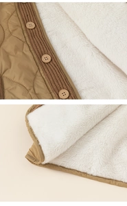 Detailed view of quilted warm jacket with soft fleece lining and secure button closure