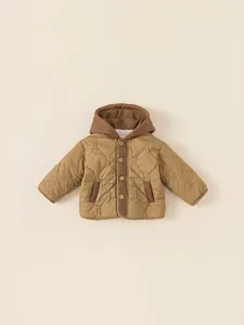 Children Winter Thickened Cotton Padded Coat Hooded Fleece Lined Warm Jacket Khaki Windproof Quilted Outerwear Boys Girls