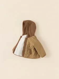 Thick winter cotton coat for kids with fleece lining and khaki quilted hoody jacket