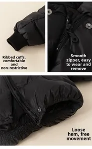 Detailed close-up of ribbed cuffs, metal zipper and elastic hem on black down jacket