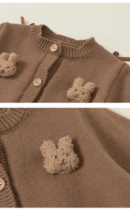 Detail of coffee brown knitted cardigan featuring a soft plush bunny patch and wood buttons