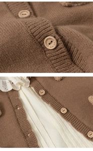 Detail of brown knit cardigan with handmade with love wooden buttons and lace collar