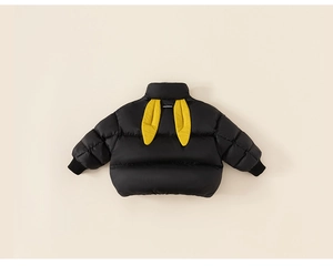 Detail view of black kids puffer jacket featuring yellow rabbit ear decor and ribbed cuffs