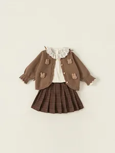 Girls 3-piece vintage school set with brown rabbit cardigan and white lace shirt