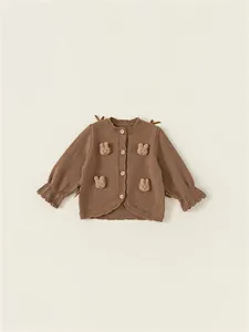 Girls Korean Sweet Knitted Cardigan And Ruffle Shirt Set Vintage Plaid Children Bunny Decor Spring Autumn Outfits