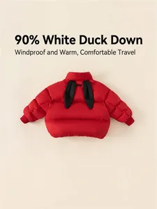 Kids warm red winter down jacket with 90% white duck down and cute rabbit ears