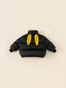 Kids black down puffer jacket with yellow bunny ears on the back for boys and girls