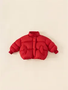 Kids warm red down jacket with windproof ribbed cuffs and high-neck padded design