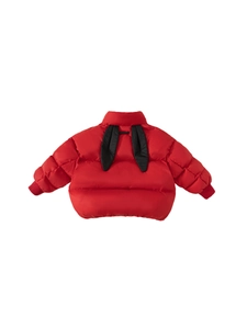 Kids red hooded down jacket with cute black rabbit ears on the back for winter