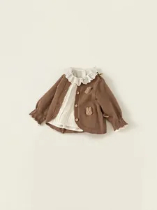 Girl's brown knit cardigan and lace collar shirt two-piece set with bear patches