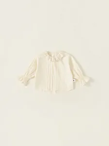 Girls Vintage Embroidered Peter Pan Collar Shirt Long Sleeve Pintuck Cotton Blouse Top For Toddler Kids School Clothing