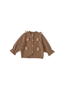 Brown knit cardigan for girls with 3D plush bunnies and bow ribbons and wooden buttons