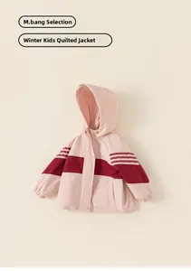 Detail of winter padded jacket for kids featuring pink color-block and elastic cuffs