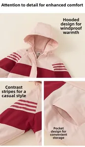 Detail showing windproof hood and color block design on children's pink padded jacket
