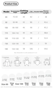 Detailed size chart for children's winter cotton jacket showing measurements from 80 to 140 cm