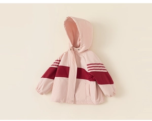 Detail shot of pink and red windproof hooded jacket for girls with triple white stripes