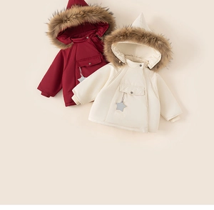 Detail view of winter coats for girls featuring star pendants and faux fur witch hoods