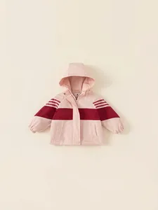 Girls Hooded Padded Jacket Polyester Windbreaker Color Block Thickened Warm Outerwear Casual Winter Coat For Kids