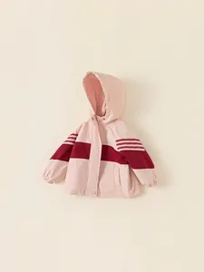 Kids colorblock hooded jacket in light pink and deep red windproof polyester fabric