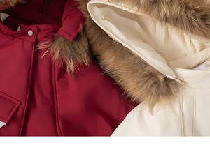 Detail of hooded winter parka showing faux fur collar and windproof fabric textures