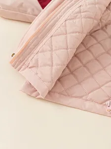 Girl's pink quilted winter jacket with diamond patterns and premium zipper closure