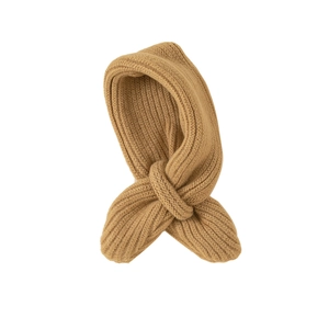 Camel colored knit hooded scarf for children with thick ribbed texture and warm winter design