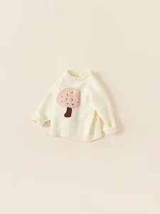 Girls Korean Style Mushroom Pattern Knit Sweater Cream White Long Sleeve Pullover Toddler Round Neck Warm Autumn Winter Top