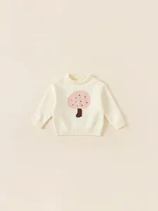 Toddler girl long sleeve knit sweater with cute mushroom pattern in cream white