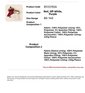Detailed size chart and material specs for hooded kids' padded jacket with fleece lining