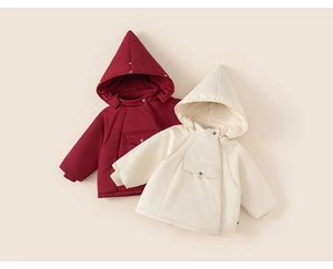 Detailed flat lay of children's hooded coats with elf hat and front pocket in red and beige