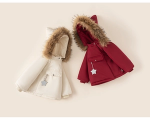 Detail of hooded winter coats for girls with faux fur collars and star charms