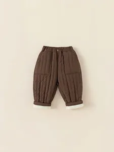 Winter kids quilted pants in coffee brown with warm lamb wool lining and elastic waist