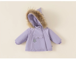 Detail of lavender puffer jacket showing fluffy faux fur hood and star charm pendant