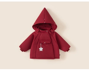 Deep red kids hooded winter coat with star pendant and pointed witch hat design
