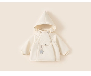 Detail of baby hooded winter jacket in cream white with a star pendant and elf hood
