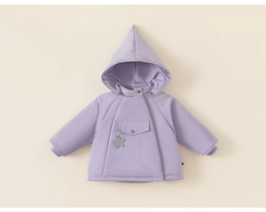 Detail of lavender baby jacket with pointed elf hood and star pendant on pocket