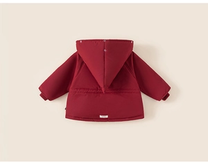 Detailed back view of a burgundy kids hooded coat featuring a drawstring waist design