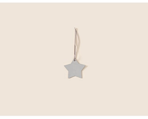 Detailed view of a gray star-shaped decorative ornament with a matching silk hanging rope