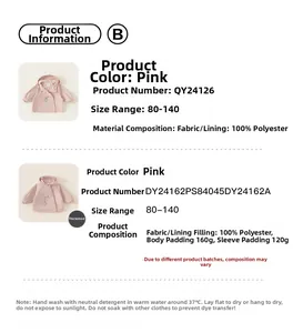Detail specifications for girls pink hooded jacket with 100% polyester fabric and sizing